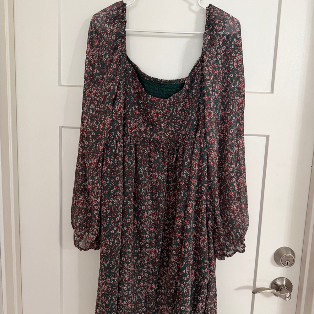 Dark Floral Long Sleeve Smocked Dress